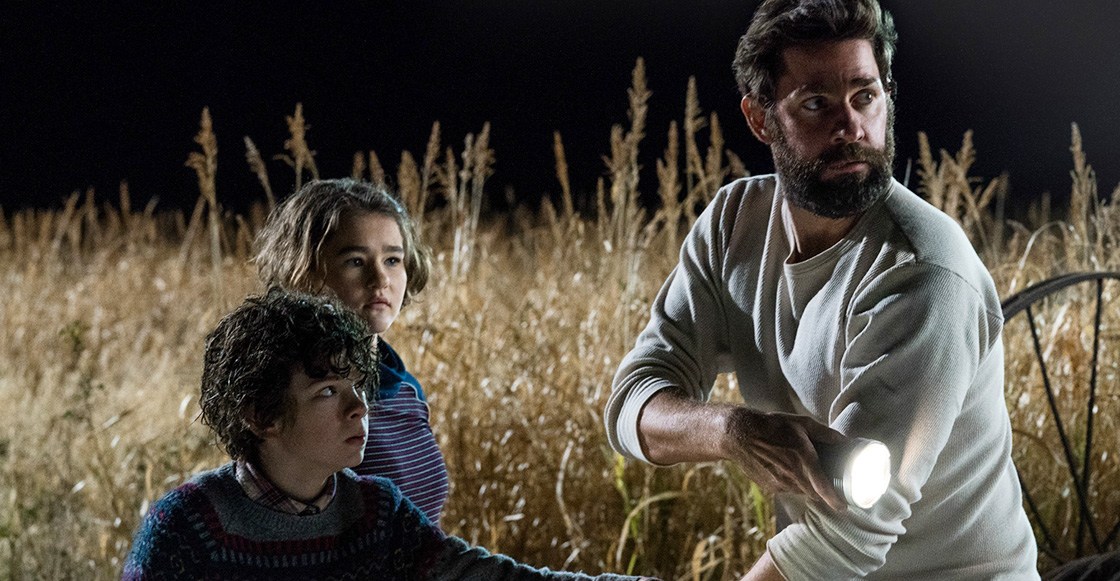 Left to right: Noah Jupe plays Marcus Abbott, Millicent Simmonds plays Regan Abbott and John Krasinski plays Lee Abbott in A QUIET PLACE, from Paramount Pictures.